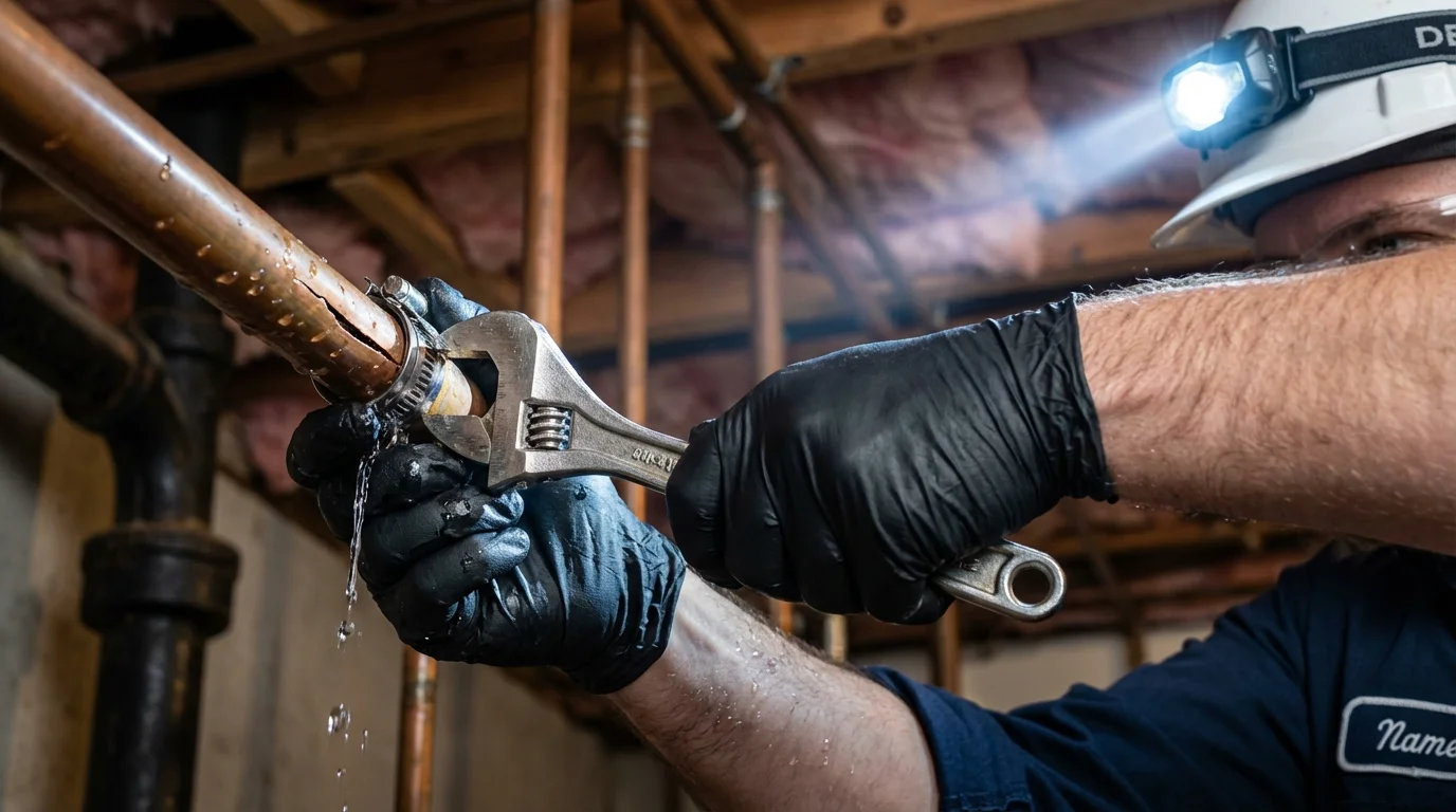 Emergency pipe clamp repair being performed by a Johns Plumbing LLC plumber in Mattoon