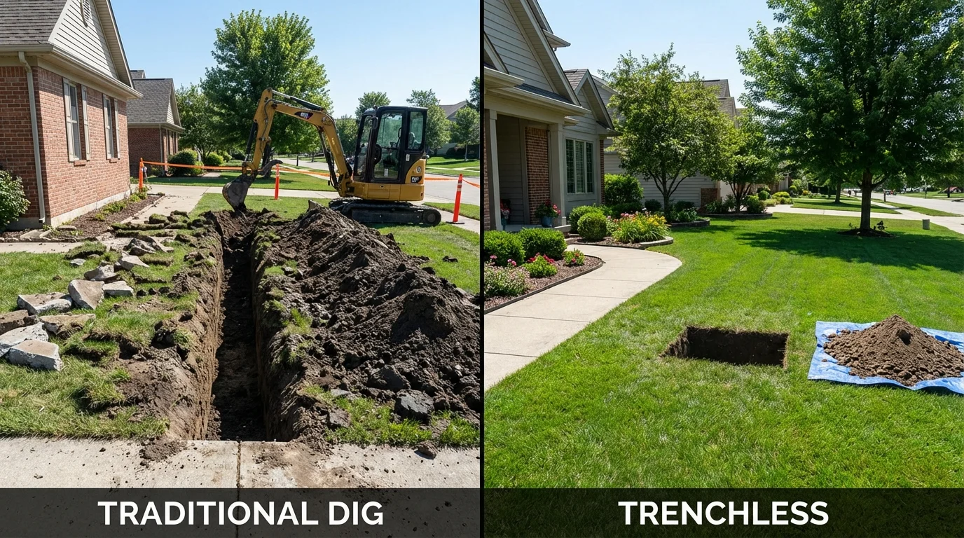 Trenchless sewer repair with minimal yard damage versus traditional excavation in Mattoon, IL
