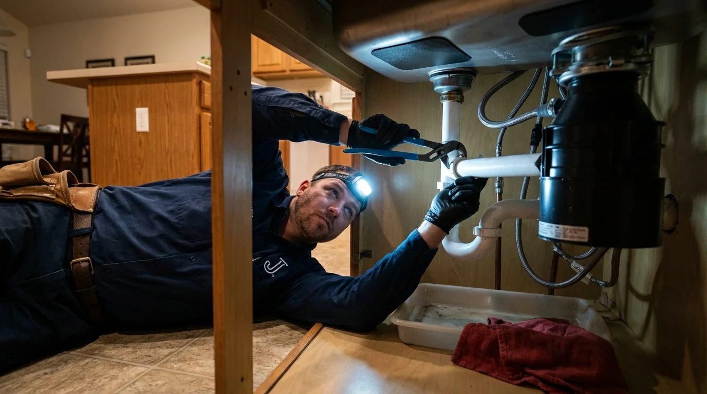 P-trap and supply line connections under a kitchen sink showing a common leak point in Mattoon, IL